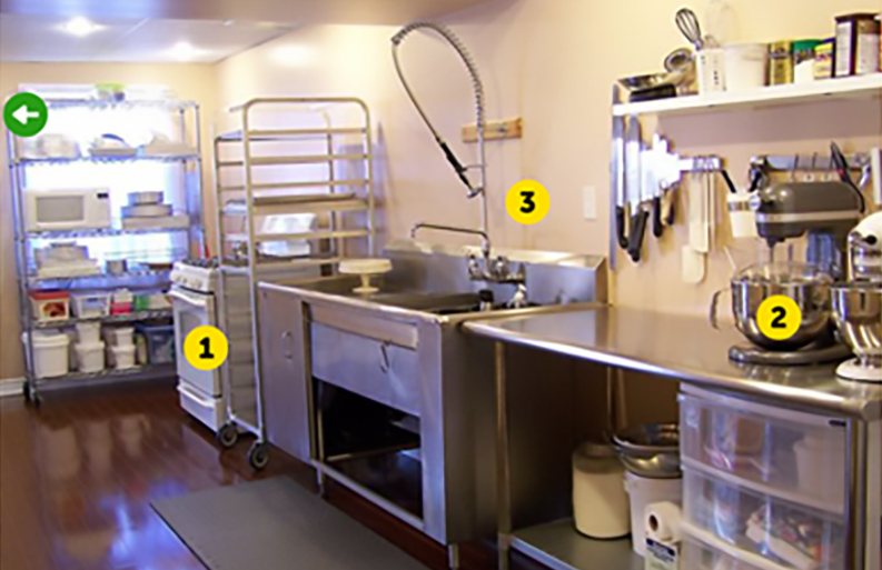 Image of a Kitchen from the Kitchen Safety page with three hotspots and an arrow to return to the home page