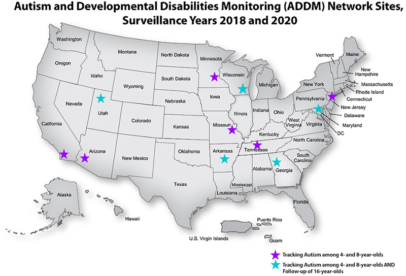 Miejsca Sieci Monitoringu Autyzmu i Niepełnosprawności Rozwojowej (ADDM), lata nadzoru 2018 i 2020