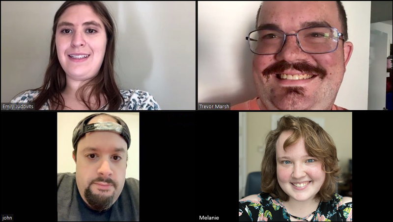 Three of Devereux CAAPP’s neurodiverse self-advocates, Emily, Trevor, and John, attending a Zoom advocacy group. Also pictured is self-advocate Melanie, a neurodiverse student who attends West Chester University.