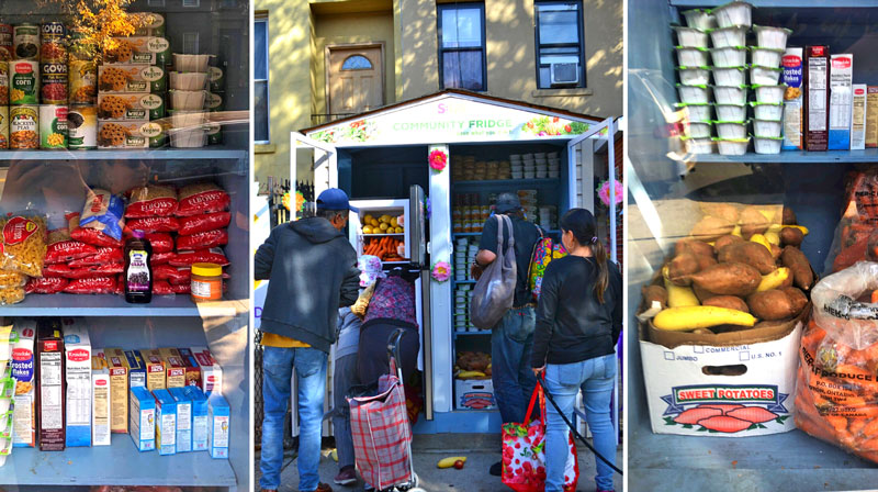 Community members helping themselves to free fresh produce and pantry items at the S:US community fridge in Brooklyn.