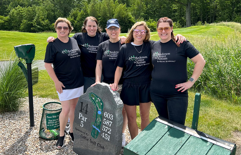 Anderson Family Partners members helping out at the 2023 Anderson Golf Classic; proceeds of the event support Anderson’s mission of optimizing the quality of life of individuals with autism. Pictured L-R: Chris P., Julie B., Angela D., Rachele M., and Colleen Contreni (Anderson Center for Autism’s Family Liaison)