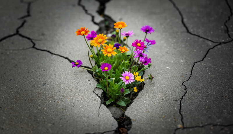 Colorful flowers growing through a crack in a concrete pavement, symbolizing resilience and beauty in unexpected places