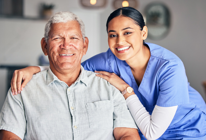 Happy woman, nurse and portrait of senior man with support, medical service and helping patient in retirement for The Complexities of Aging: Addressing the Unique Needs of Autistic Elders