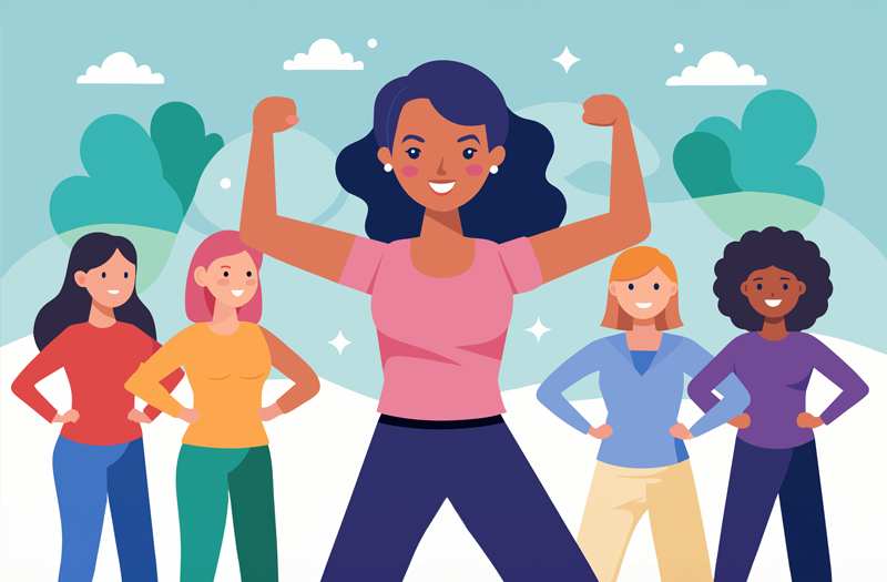 An illustration of a diverse group of five women standing confidently. The woman in the center, wearing a pink shirt, flexes her arms in a strong, empowered pose, while the others stand proudly behind her, all smiling. The background features trees, clouds, and stars, symbolizing unity, strength, and positivity