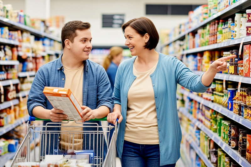 A young adult male with his caretaker shopping at a supermarket