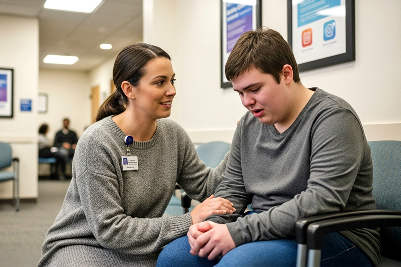 A direct support professional calming a young man at the doctor's office
