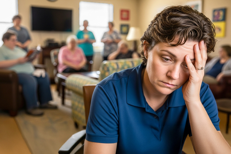 A direct support staff member at an adult group home looking tired and overwhelmed.
