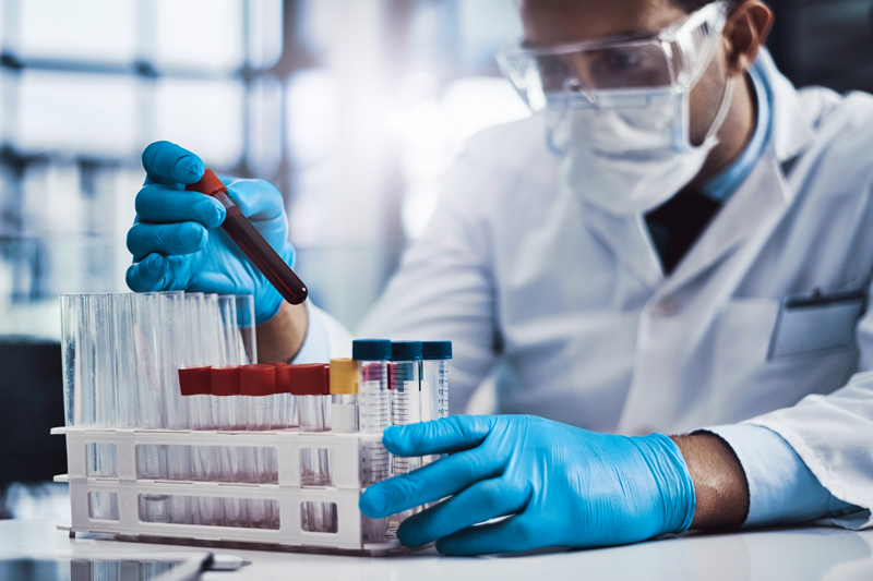 Blood sample, test tube and hands of scientist in lab for dna testing, monitor disease progress or medical research. Science, expert and safety with vial for biology experiment or fluid investigation