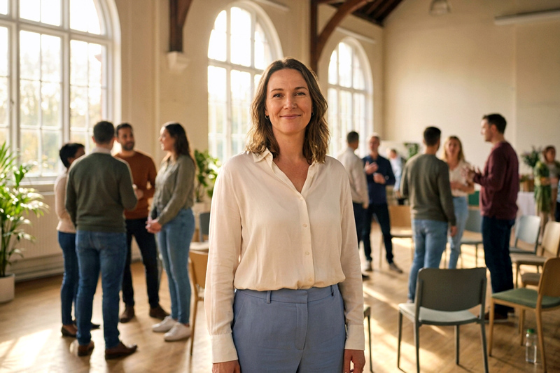 A woman stands confidently in a bright, airy performance hall, surrounded by a warm and welcoming community.