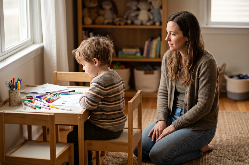 A woman kneels beside a young boy at a table, watching him with calm attention as he sits turned away from art materials.