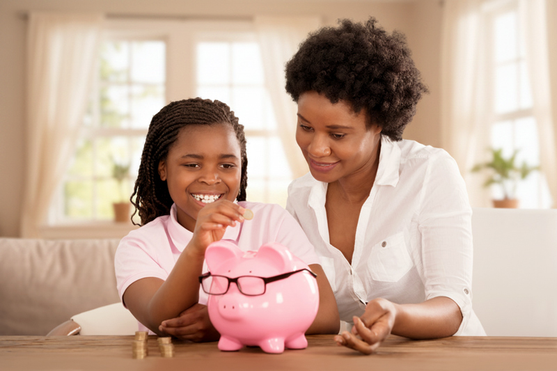 Girl and mother adding money to bank