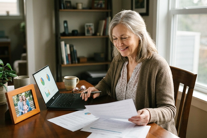Senior Woman Reviewing Charitable Giving Options at Home