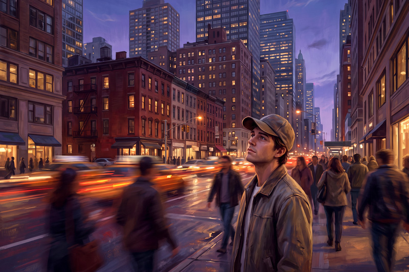 Young Man Looking Upward Towards City Street