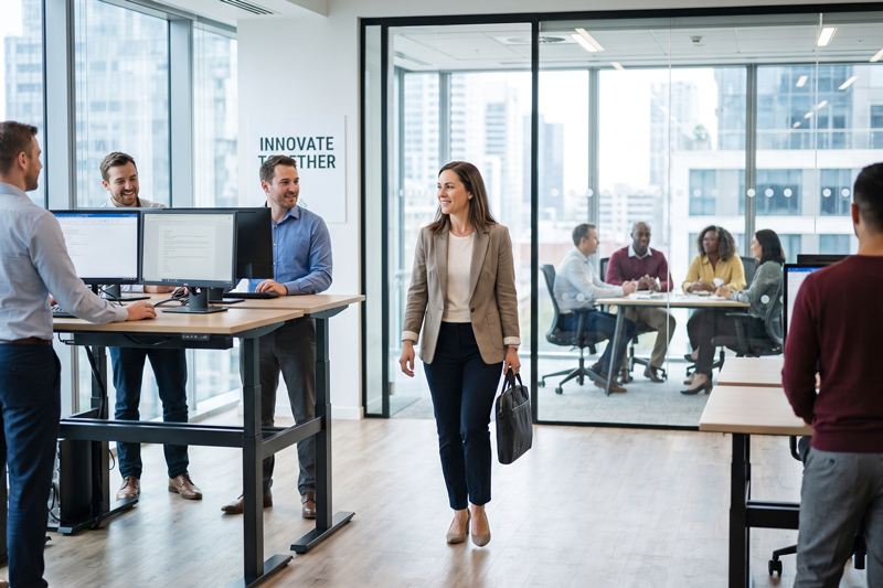 Professional Walking Through Open Concept Office