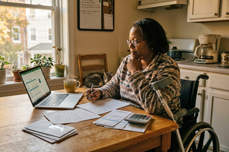 Woman in Wheelchair Reviewing Finances at Kitchen Table