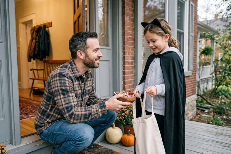 Father Crouching At Front Door As Child In Cape Holds Out Bag During Halloween Practice