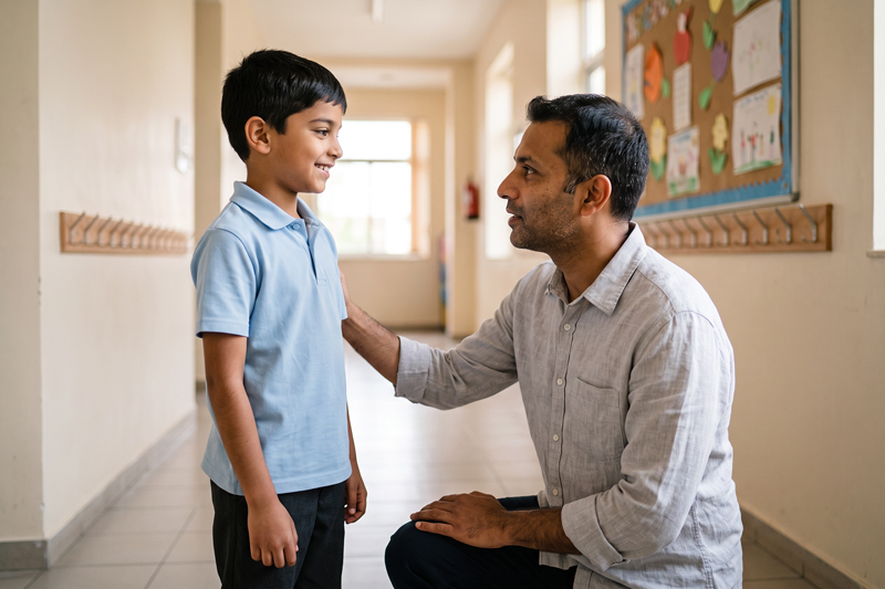 Father Kneeling At Eye Level With Smiling Son In School Corridor With Backpack