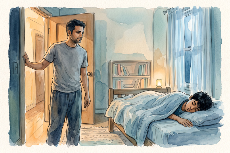 Father Standing At Bedroom Doorway Watching Sleeping Son By Soft Night Light