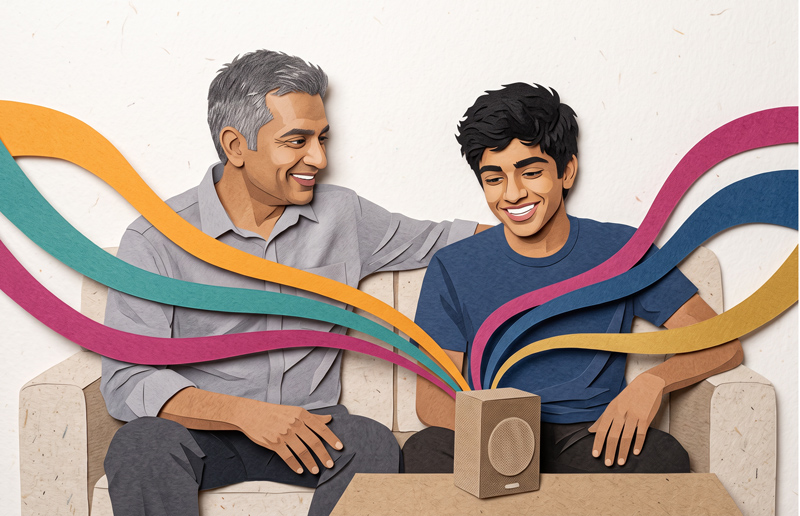 Paper Collage Of Father And Teen Son Sharing Music Beside Speaker With Colorful Sound Ribbons