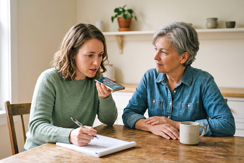 Woman Making Phone Call On Speaker With Supportive Friend Seated Beside Her